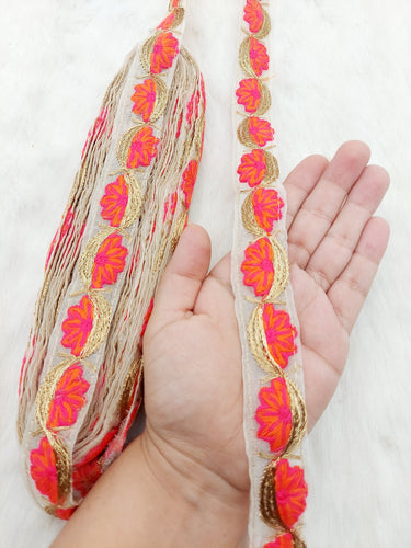 Off White Tissue Fabric Trim In Floral Embroidery, Gold Lace Trim By 9 Yards Indian Decorative Trim, Ribbon